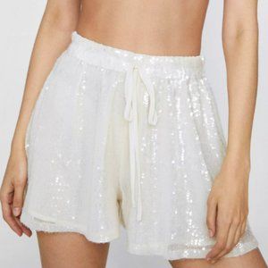 Nasty Gal Sequin Flippy Hem Shorts NWT White Cream Ivory Size 10